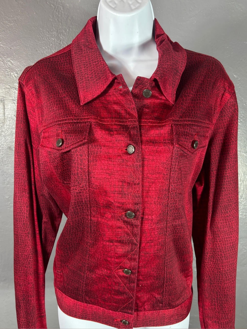 Vintage New York & Company Red Reptile Print Trucker Jacket Size XL